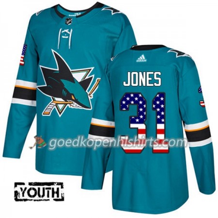 San Jose Sharks Martin Jones 31 Adidas 2017-2018 Teal USA Flag Fashion Authentic Shirt - Kinderen